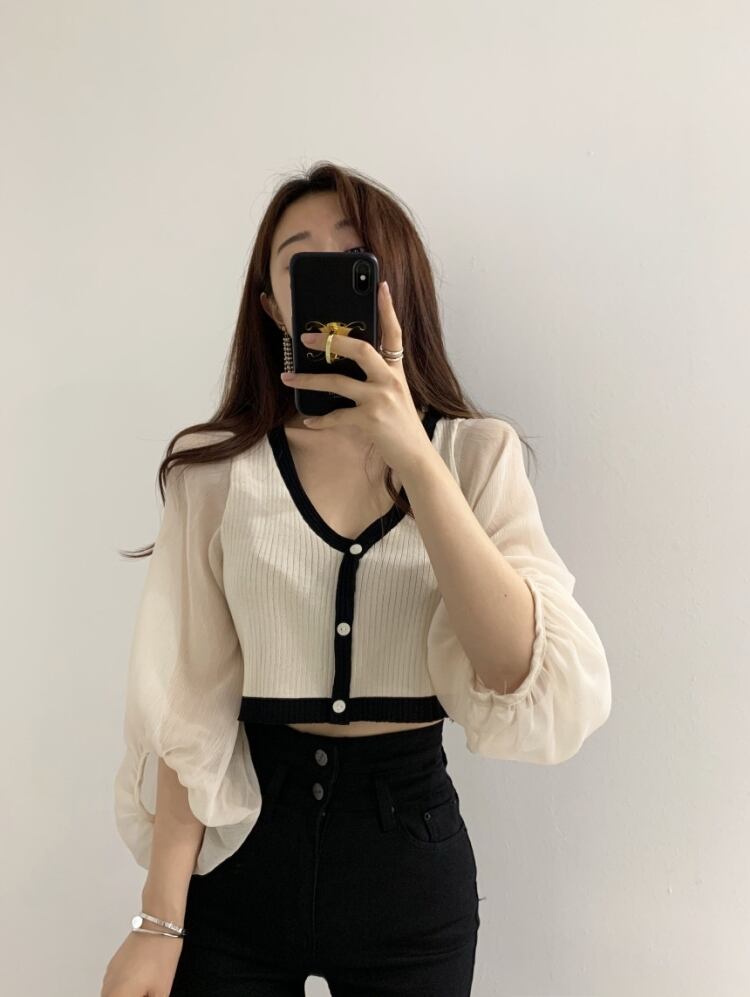 【tops】Vネック ランタンスリーブ切り替えトップスニット G15684