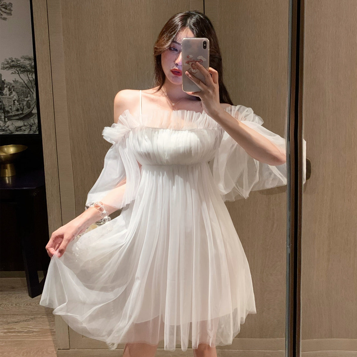 【dress】ギャザーオフショルチュールワンピース　N2666
