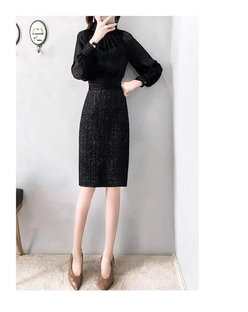 【dress】今季トレンド長袖切り替え韓国ファッションOL通勤無地パーティー卒業式タイトワンピースF1552