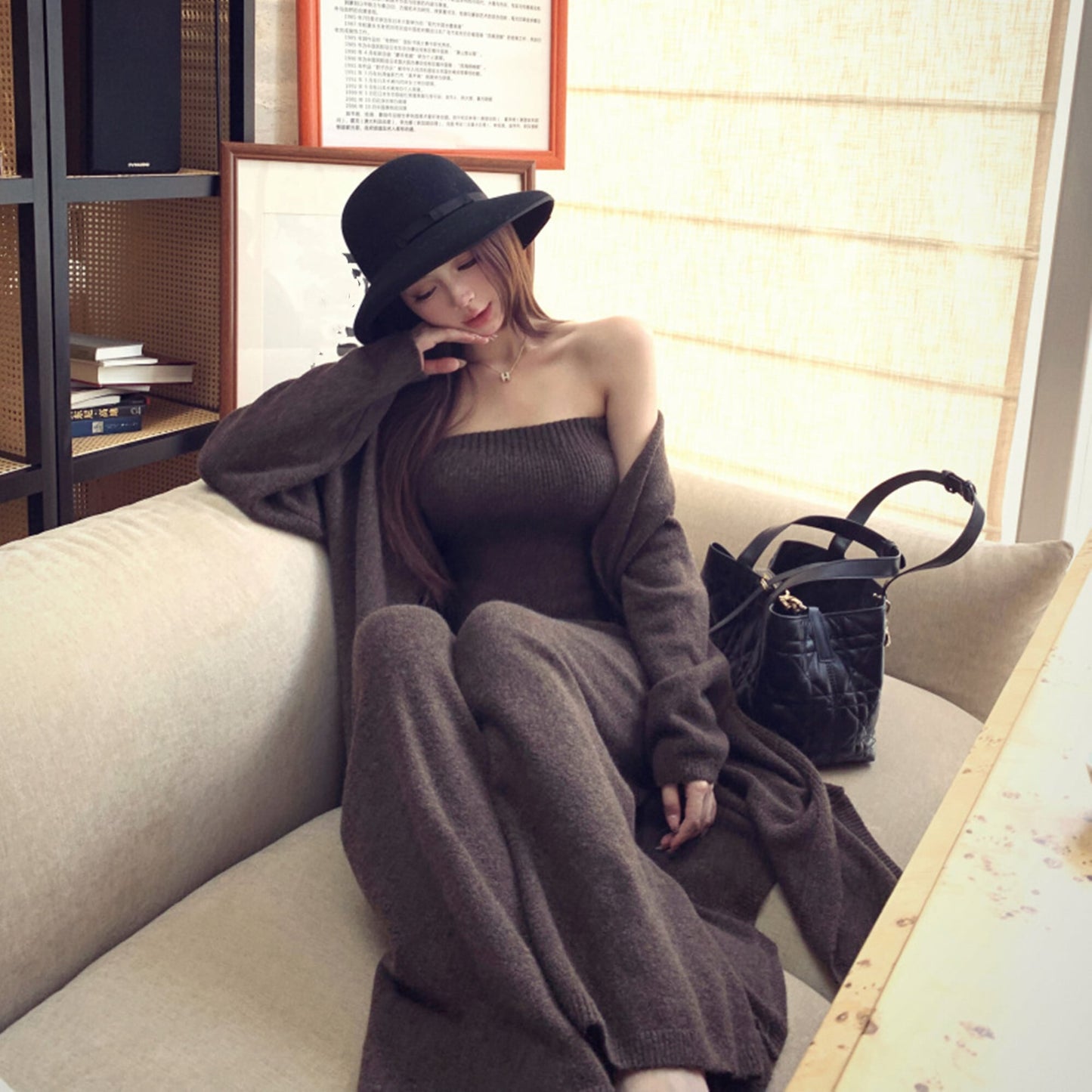 【set】ロング丈カーディガン×ベアトップ×ワイドパンツ3点セット　N3329