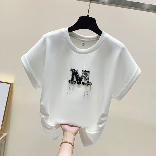 【tops】半袖英字柄フリンジＴシャツF7457