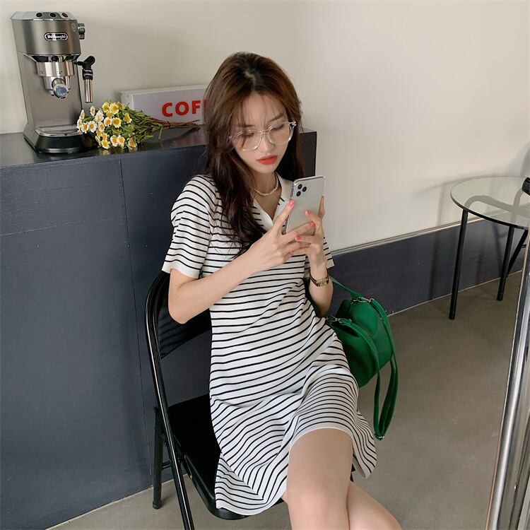 【dress】韓国風スウィートVネック着痩せストライプ柄ニットワンピース G0210