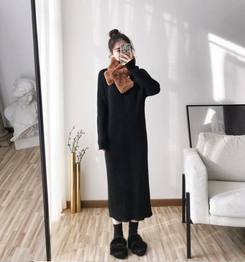 【dress】秋冬気質満点レトロフランス風着痩せハイネックニットワンピース G2598