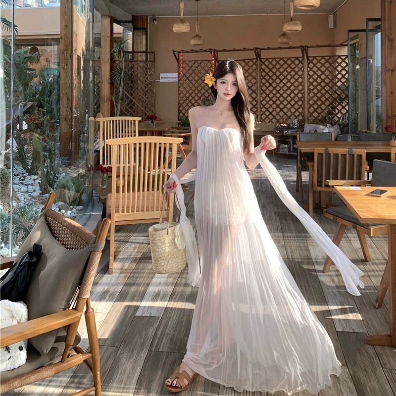 【dress】スカーフ付きシアーチュールチューブワンピース Q8511