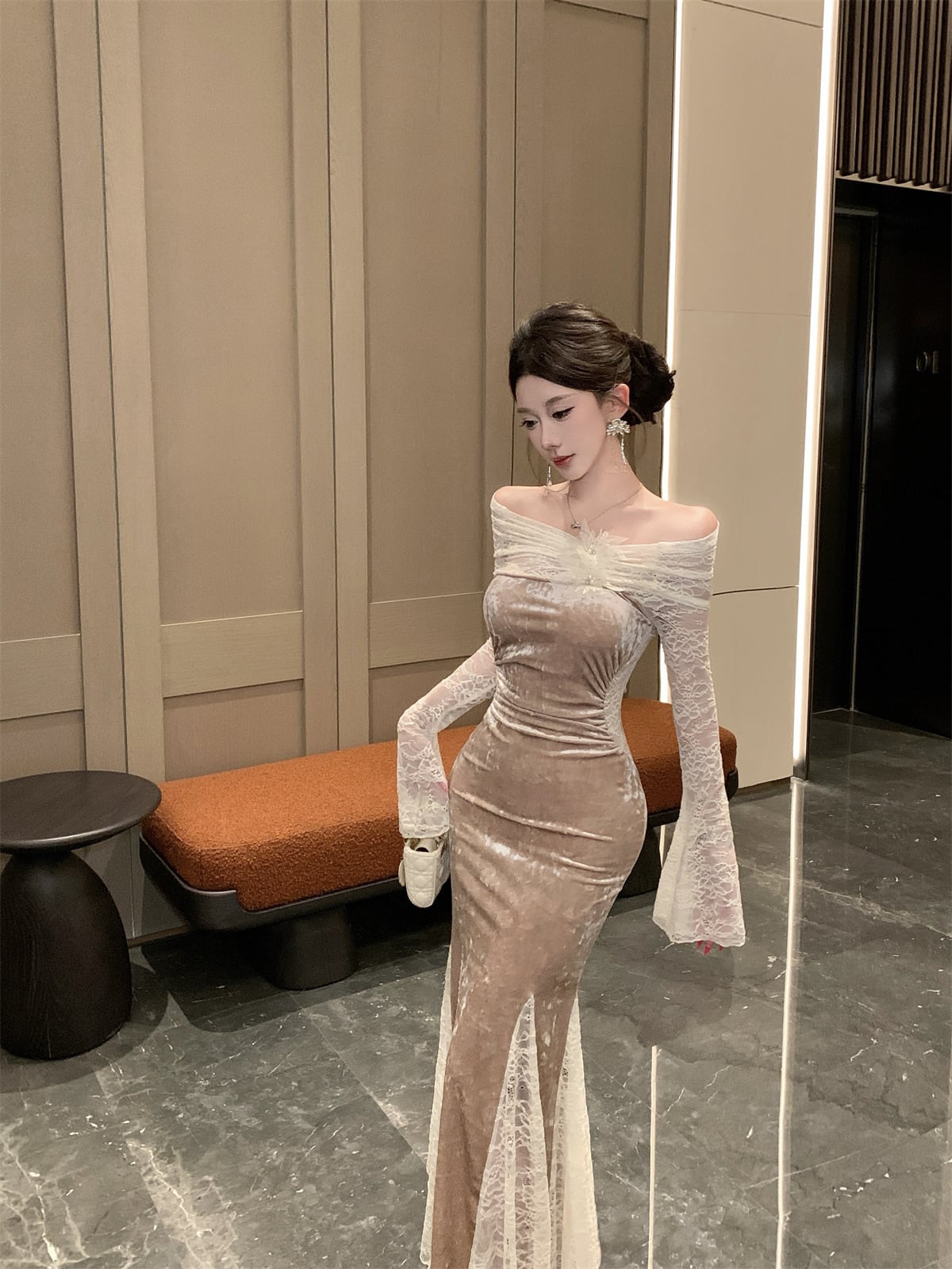 【dress】オフショルダーレースマーメイドワンピース Q7879