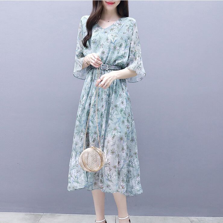 【dress】女性力を高める〜Vネックフレアスリーブ韓国ファッション花柄ワンピースF0295