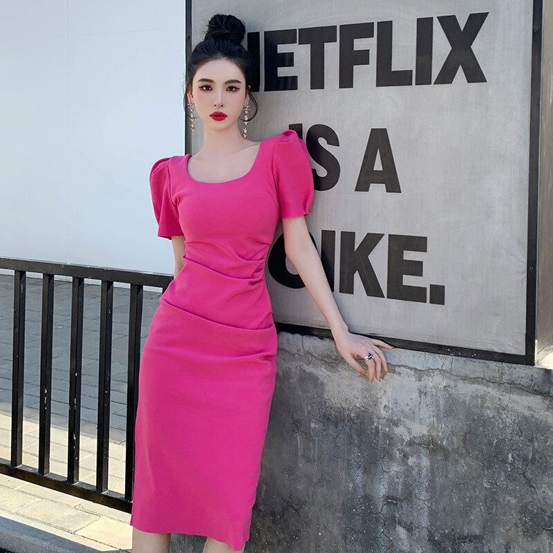 【dress】一目惚れ！韓国風INS風OL通勤スクエアネック半袖パフ袖スリット無地タイトワンピースF2364