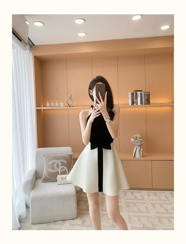 【dress】オシャレ度満点〜OL通勤ホルターネックノースリーブ配色切り替えAラインワンピースF5509