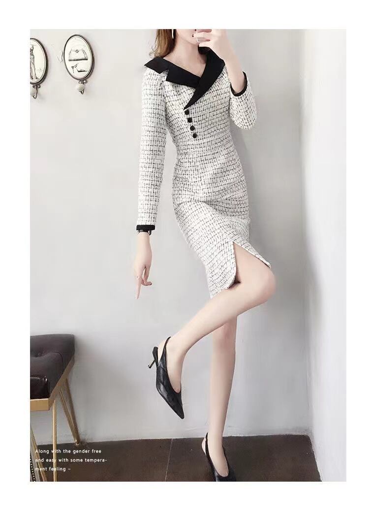 【dress】気質溢れる♪韓国風ラペル長袖スリットチェック柄体型カバー配色タイトフォーマルワンピースF1407