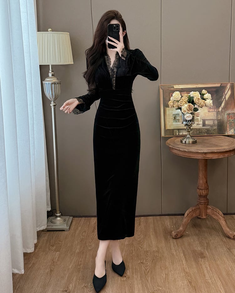 【dress】レースドッキングベルベットワンピース Q7496