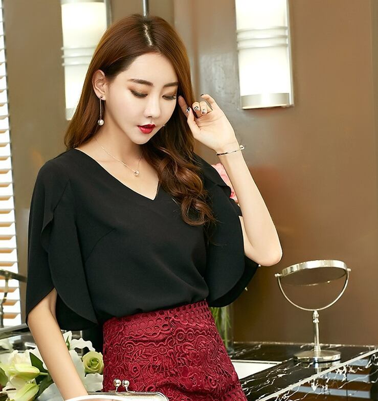 【tops】激安販売中夏新作3色Vネック半袖シンプル着やせ着回しおしゃれ無地ブラウスF2139