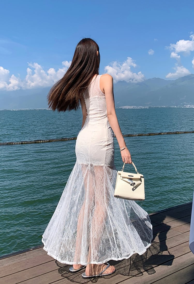 【dress】ワンショルダーレースマーメイドワンピース Q7975