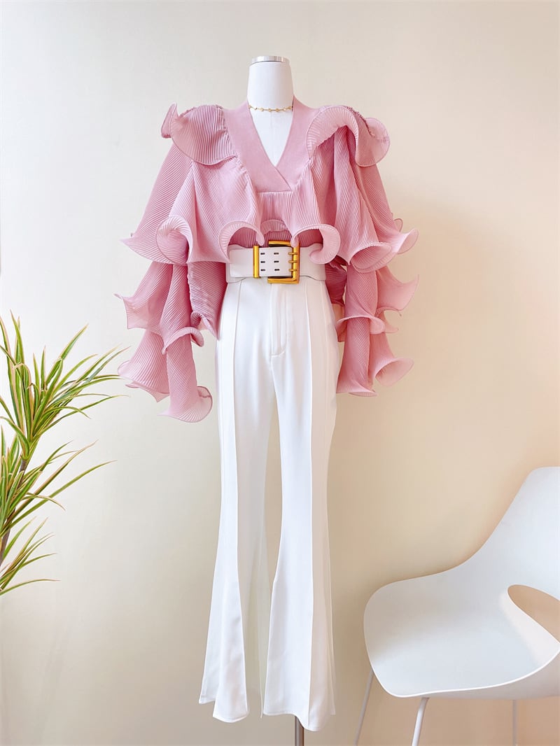 【tops】VネックフリルブラウスF7054