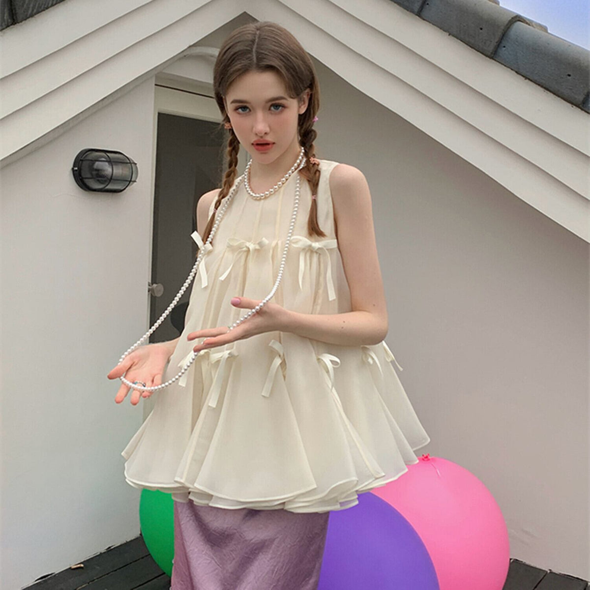 【tops】リボンペプラムノースリーブトップス　N3011