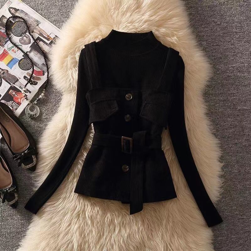 【set】3点セットウェスト絞りベスト+無地セーター+体型カバースカート通勤日常秋冬新作セットアップF1292