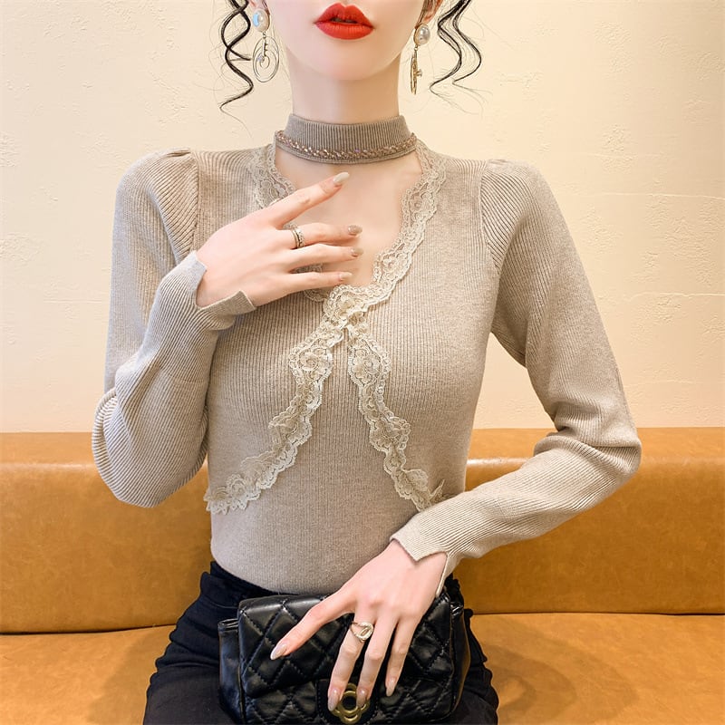 【tops】ビジューレース切り替えニットトップス　M27732