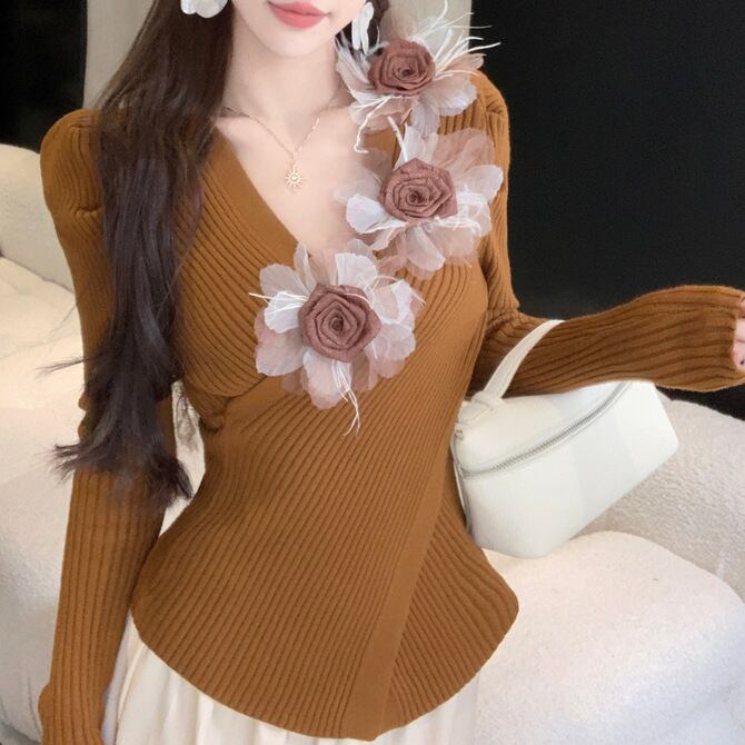 【tops】立体フラワークロスニットトップス　M29131