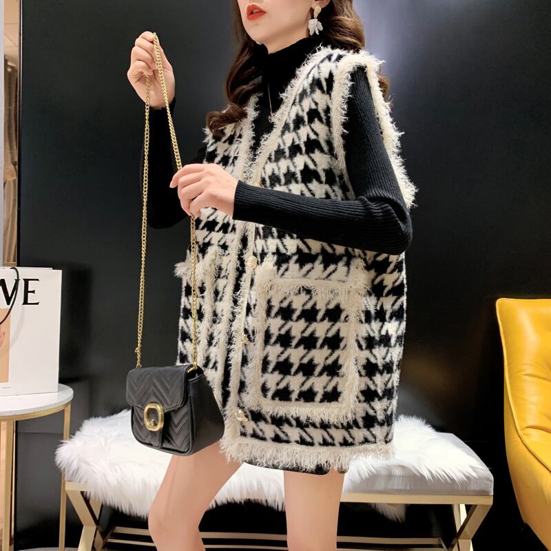 【tops】気質溢れる♪秋冬の新作千鳥格子ノースリーブINS風韓国着回しニットチョッキF0685