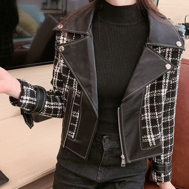 【outer】話題沸騰中大きいラペル長袖韓国風チェック柄配色切り替えショート丈ジャケットF1643