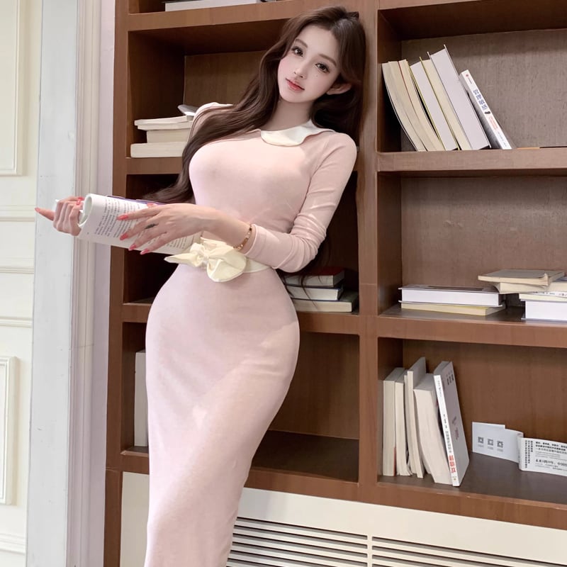 【dress】ベルト付きピーターパンカラーロングワンピース Q7733