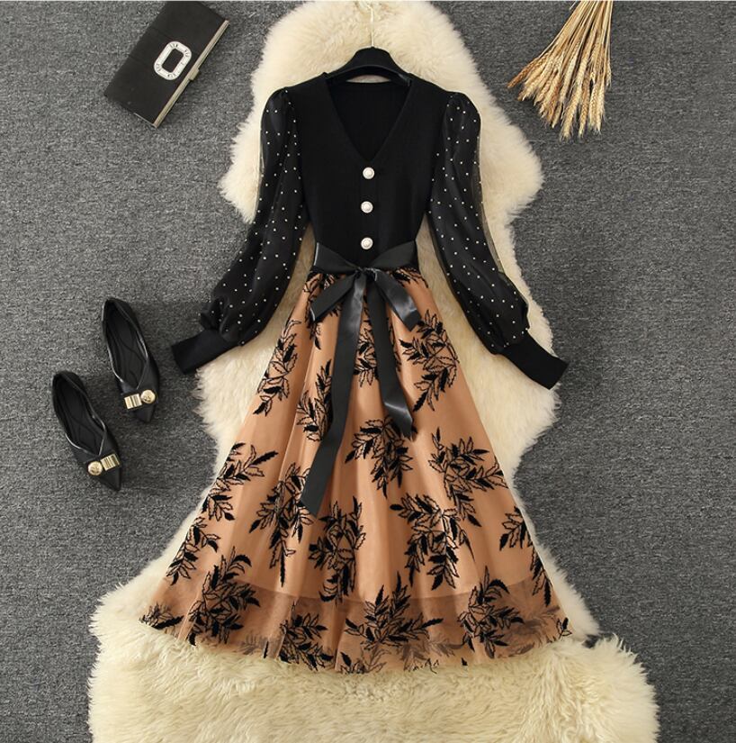 【dress】上品な質感!気質満点レトロシンプルフランス風秋冬偽二つ切り替えワンピース G3178