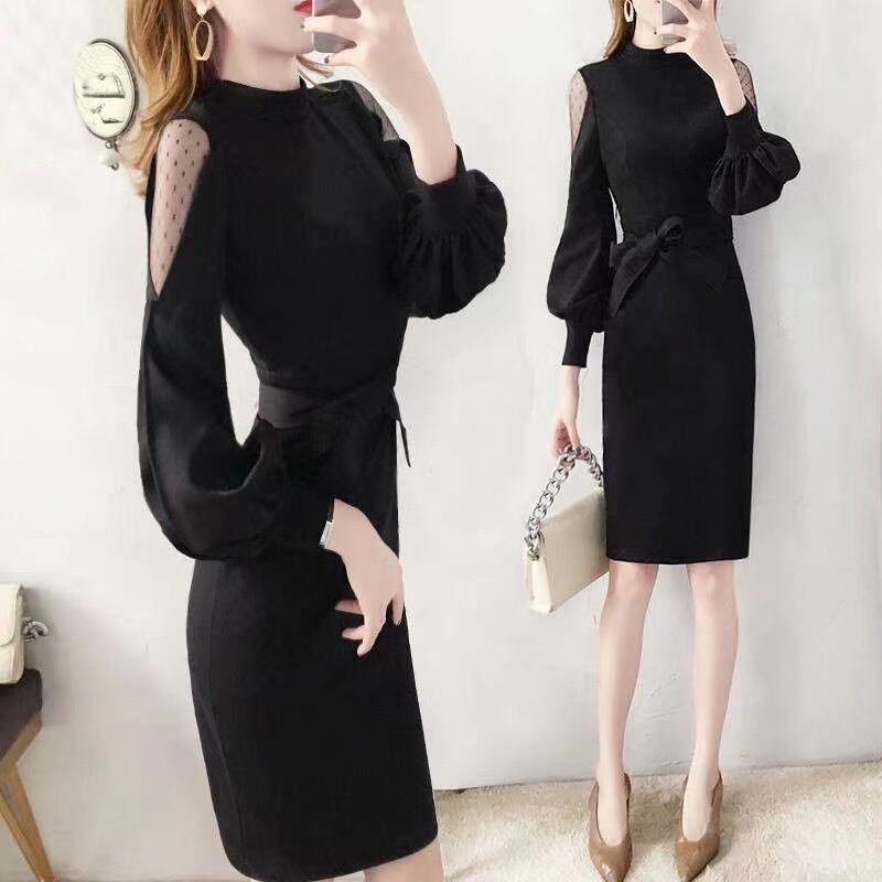 【dress】オシャレ度満点〜韓国風INS風長袖切り替え蝶々結び韓国ファッション無地タイトワンピースF3399