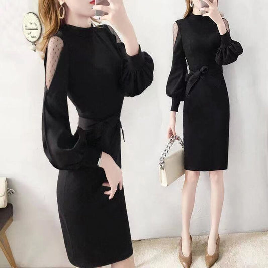 【dress】オシャレ度満点〜韓国風INS風長袖切り替え蝶々結び韓国ファッション無地タイトワンピースF3399