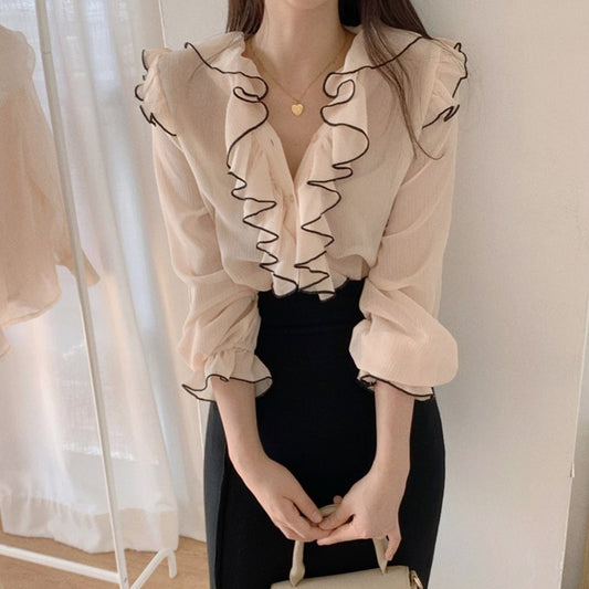 【tops】Vネックフリル長袖ブラウスG23630