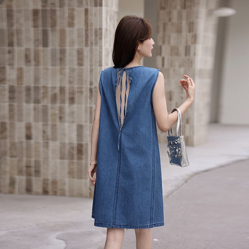 【dress】バックオーポンノースリーブデニムワンピース Q8421