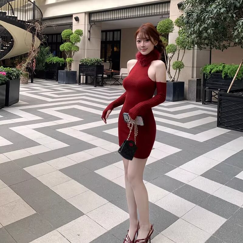 【dress】ネックウォーマーとアームウォーマ付きノースリーブニットワンピース Q7814