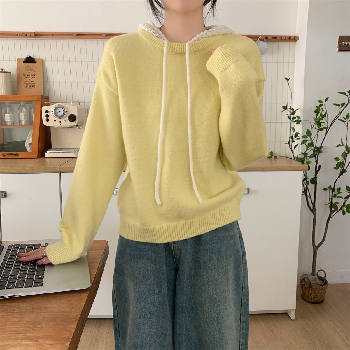 【tops】フード付きニットセーター　M28642