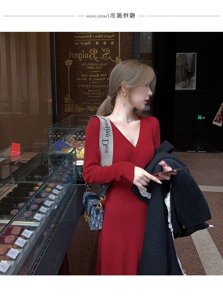 【dress】好感度UP!気質満点エレガントVネック知的着痩せニットワンピース G2291