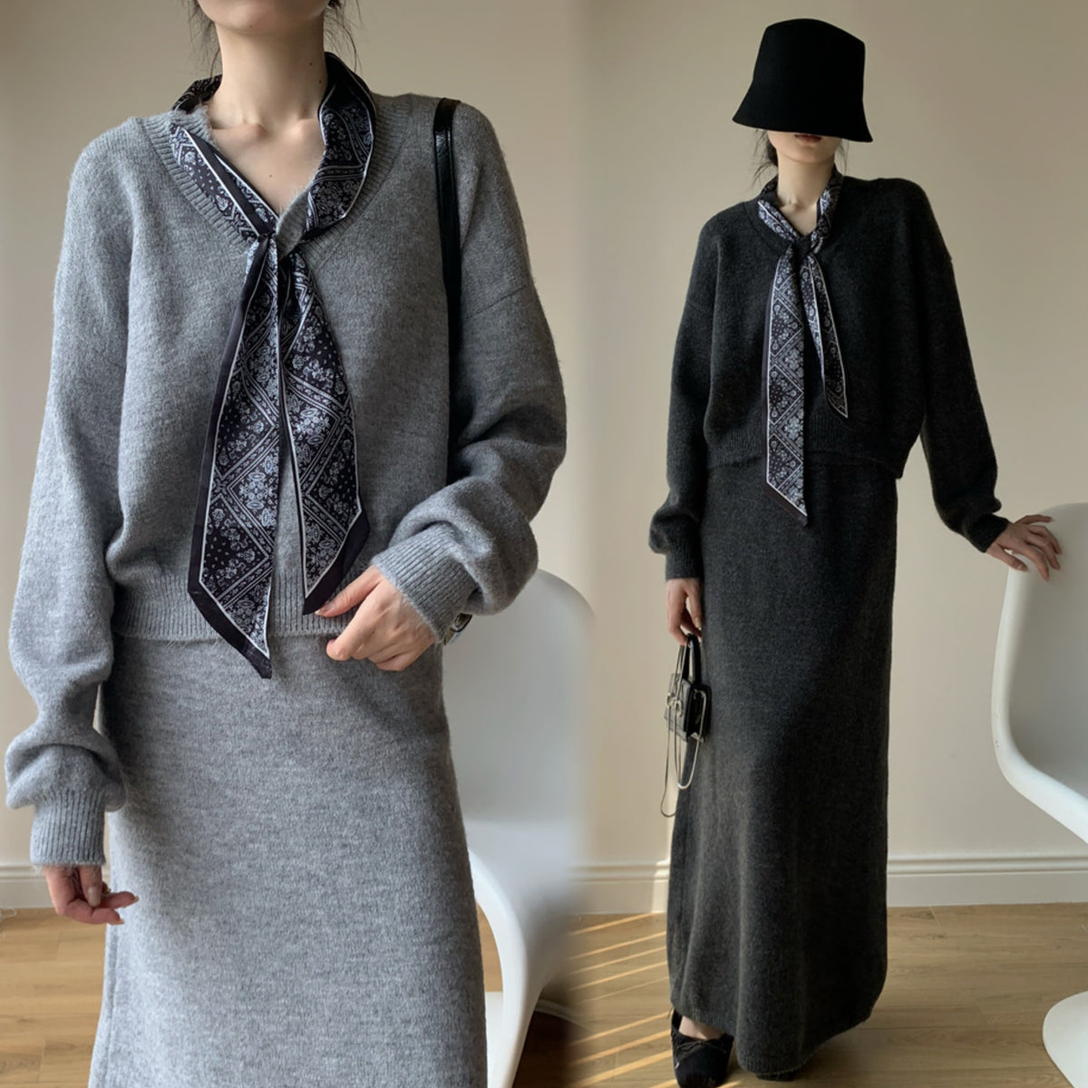 【set】スカーフ付きニットトップス×ロングスカートセット　N3452