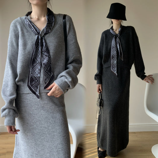 【set】スカーフ付きニットトップス×ロングスカートセット　N3452