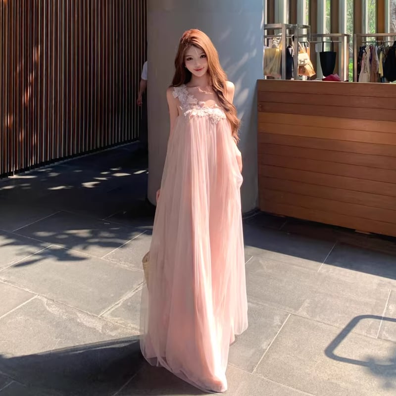 【dress】レースドッキングワンショルダーロングワンピース Q8444