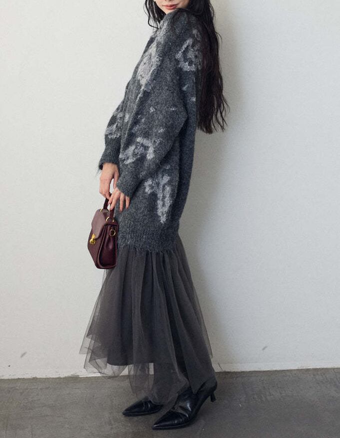 【dress】チュールドッキングロングニットワンピース Q7839