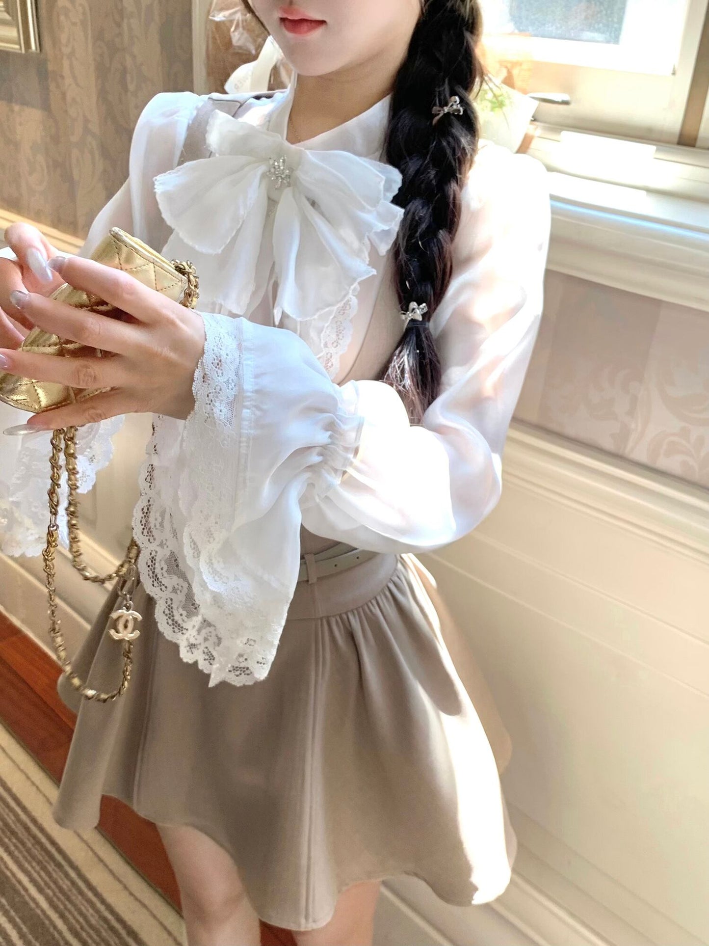 【set】フリルブラウス×サロペットスカートセット     N3295