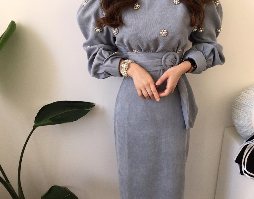 【dress】 韓国系気質満点レトロスウィートパフスリーブ着痩せコールテンワンピース G1775