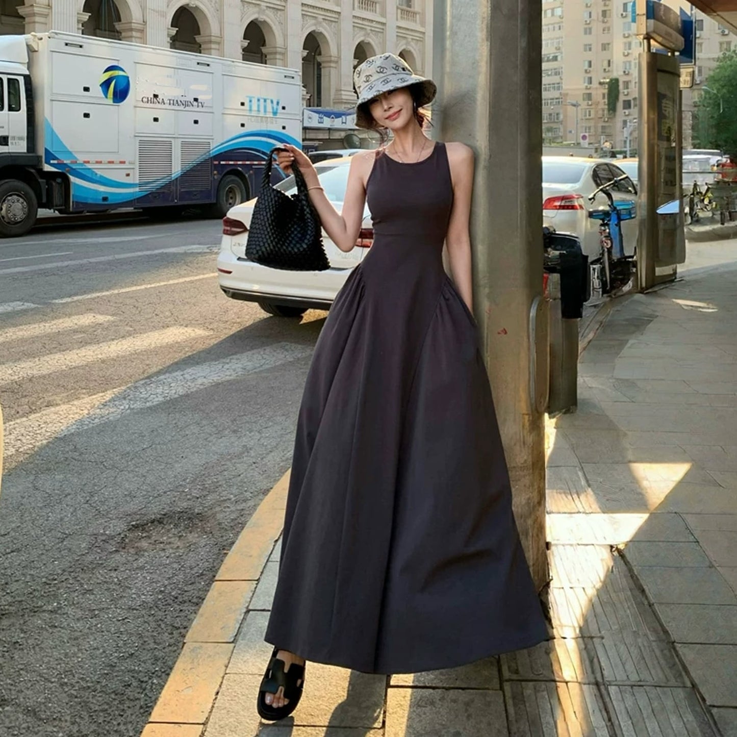 【dress】バックオーポンロングベストワンピース Q8498