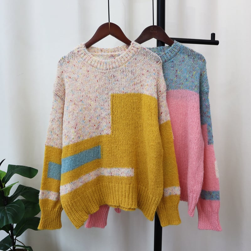 【tops】配色ニットセーター　M25492