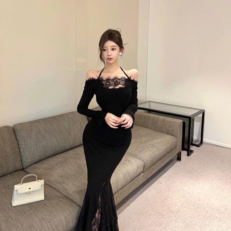 【dress】ホルターネックレースドッキングワンピース Q7884