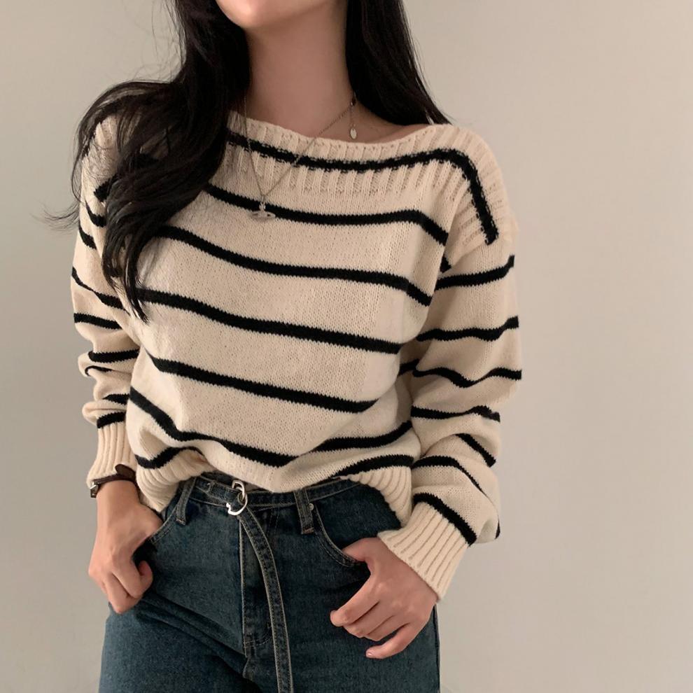 【tops】ボーダー柄ニットセーター　M27493