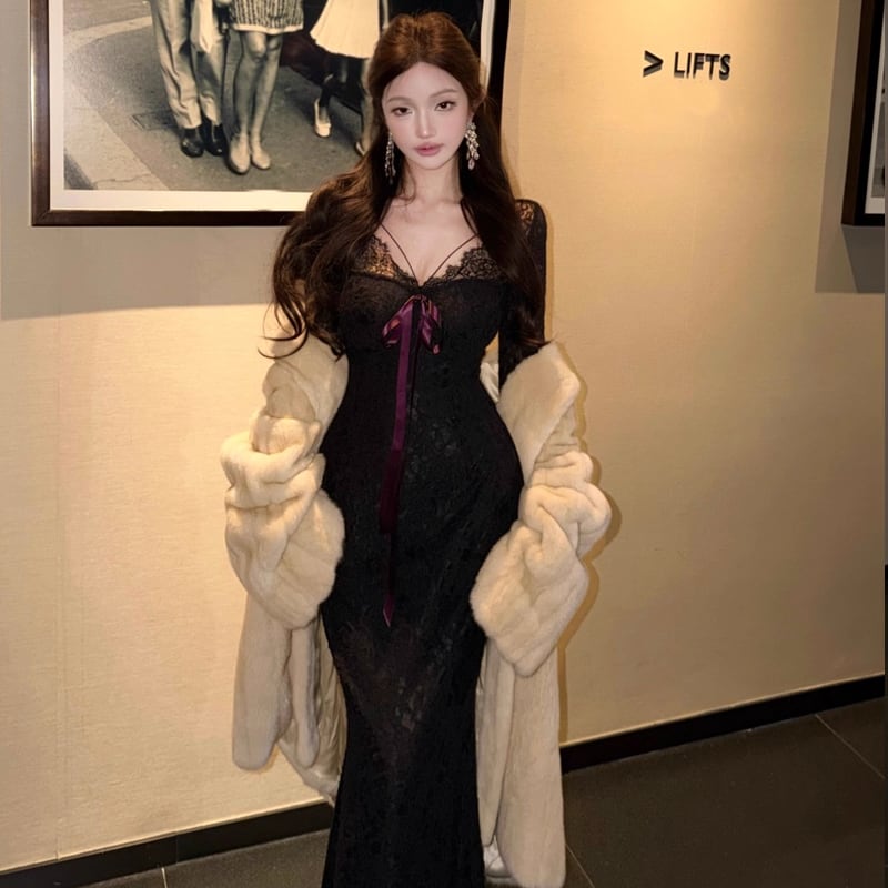 【dress】リボン付きレースタイトワンピース Q7602