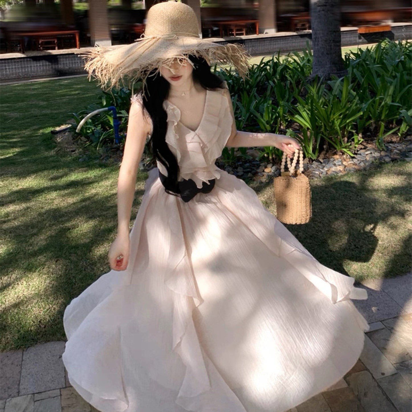 【dress】フリルリボンロングワンピース　N3537