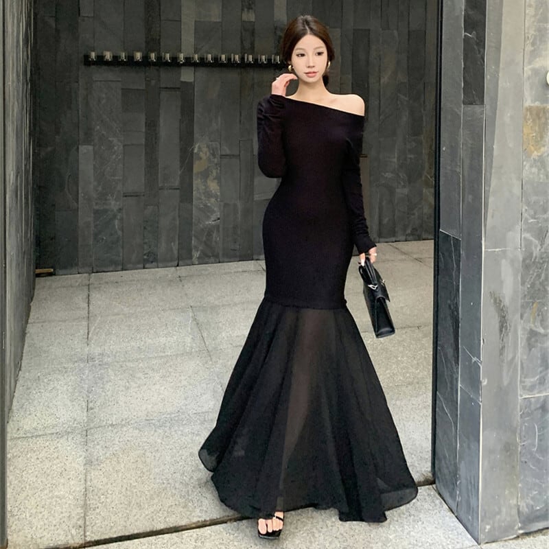 【dress】チュールコンビボートネックマーメイドワンピース　M29764