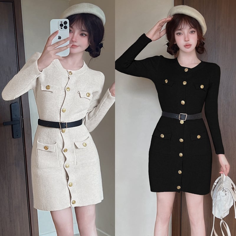 【dress】ボタンデザインニットワンピース　M27419