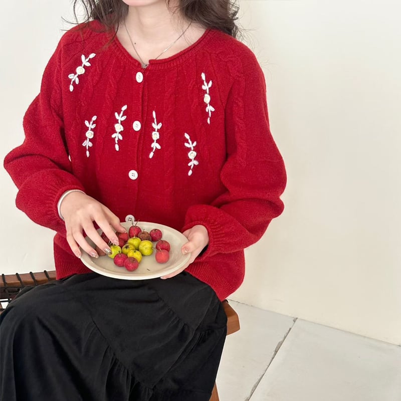 【outer】フラワー刺繡柄ニットカーディガン Q7739