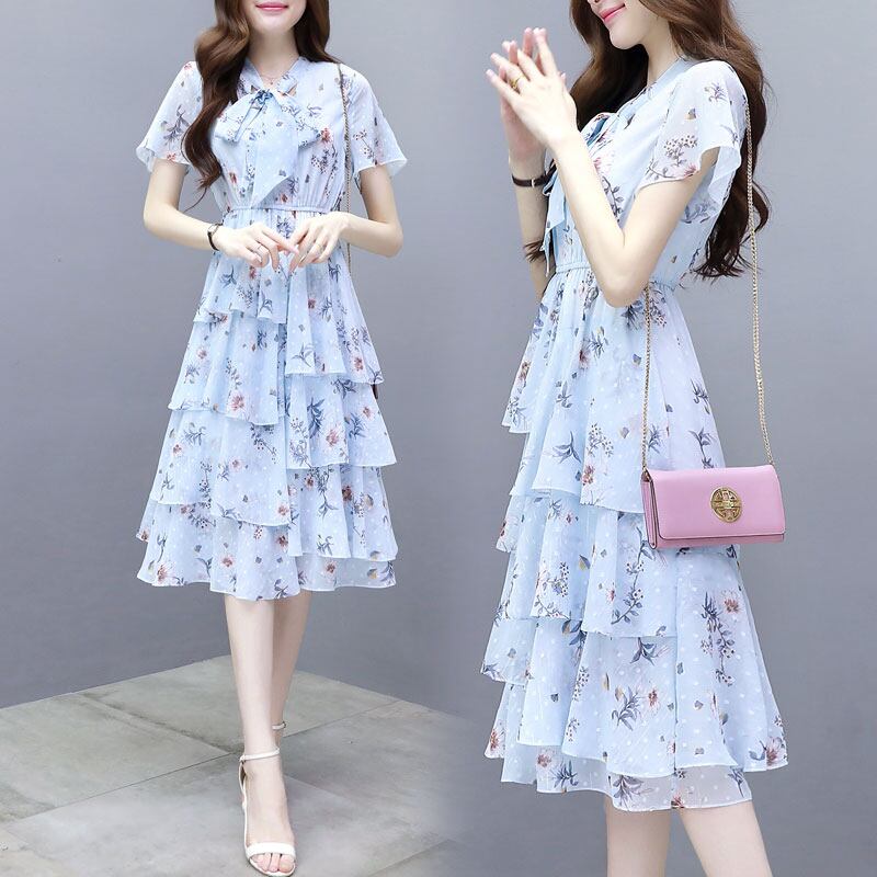 【dress】清新スウィート〜タイカラーフレアスリーブ韓国風ギャザー花柄ワンピースF0296