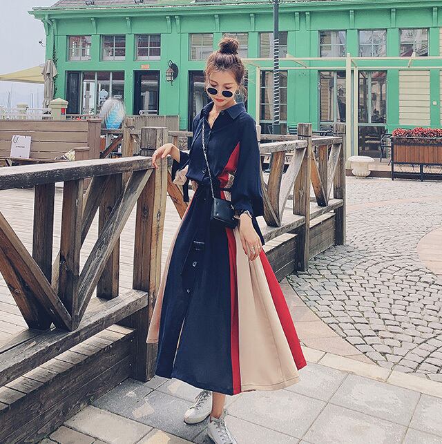 【dress】気質満点POLOネックスウィート長袖デザイン着痩せワンピース G1510