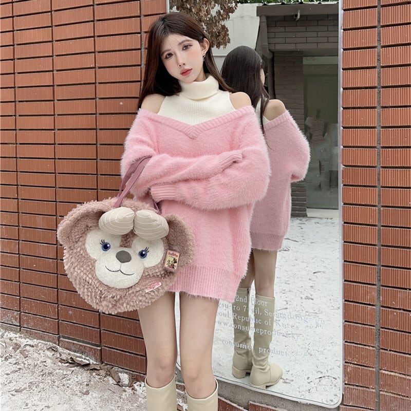 【tops】オフショルダー切り替えニットセーター　M27533